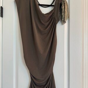 Language One Shoulder Brown Dress with Sequin Detail